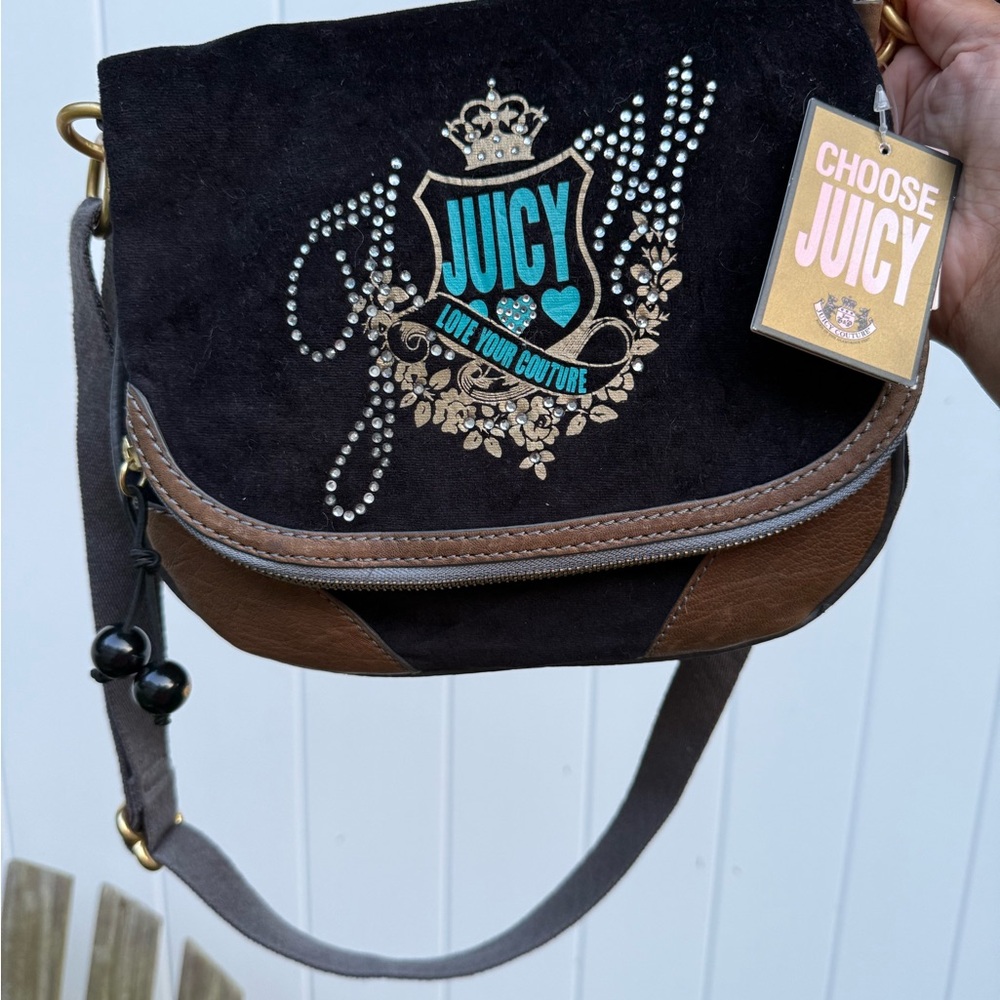 Juicy Couture Y2K Crossbody Bag Purse‎ Love Your Couture Velour Black Brown H